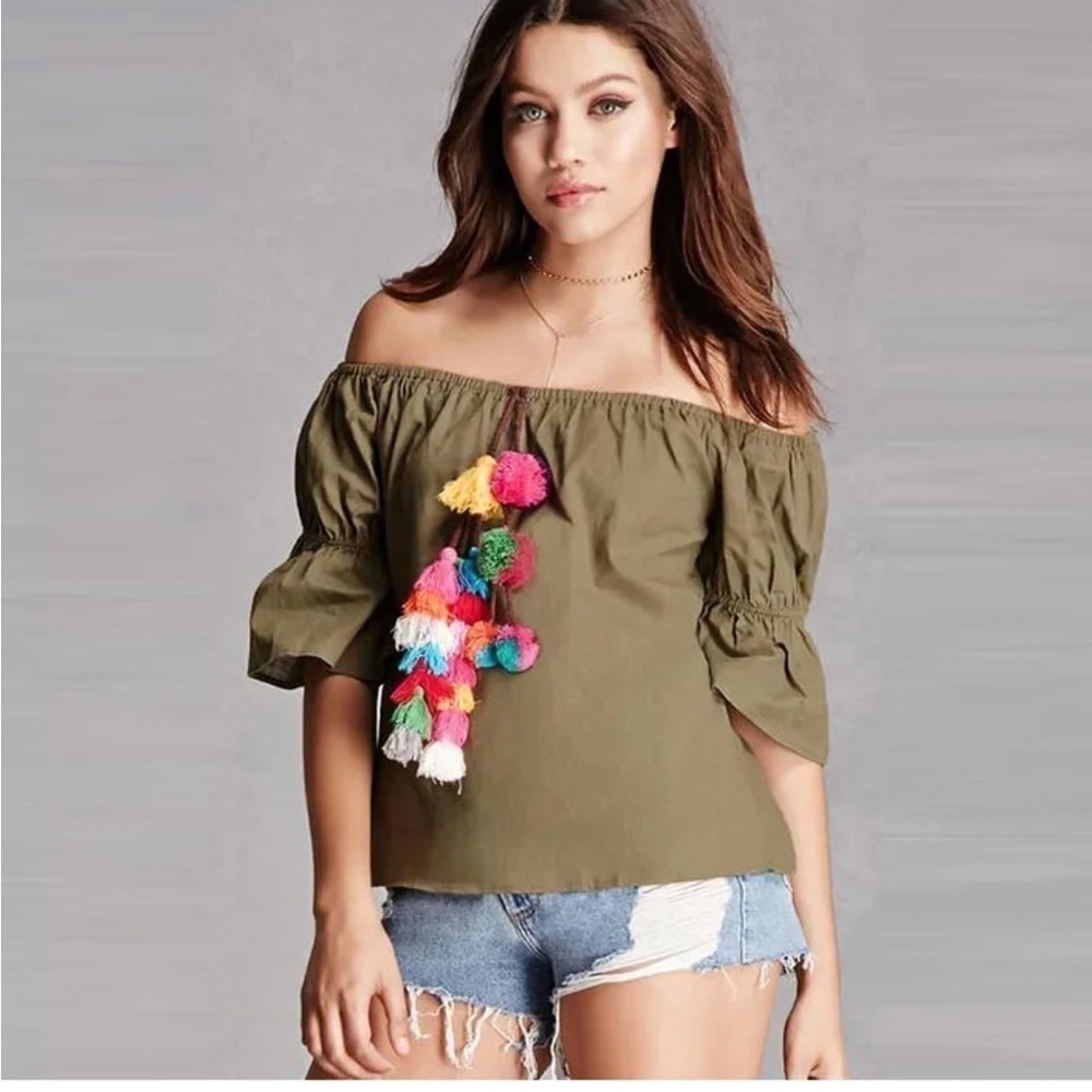 San Joy colorful tassel cotton top green size S
